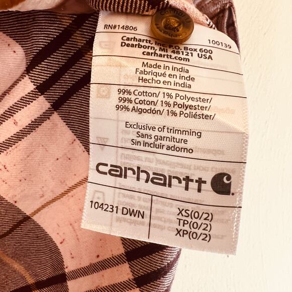 Carhartt Relaxed Fit Flannel Sz XS Pink Brown Plaid 3/4 Sleeves No Collar - Picture 6 of 7
